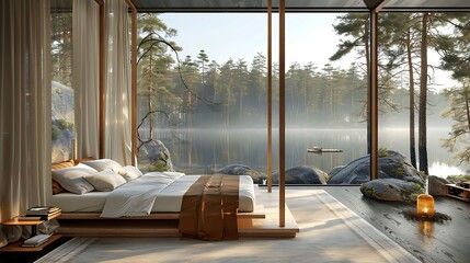 Serene modern bedroom design with a canopy bed and a picture window framing views of a tranquil lake surrounded by pine trees, Scandinavian style