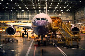 Fototapeta premium Detailed view of an anti-ice system on an airplane wing in a busy aviation workshop