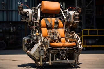Close-Up Shot of a Military Aircraft Ejection Seat with the Complex Industrial Setting of an Aviation Hangar in the Background