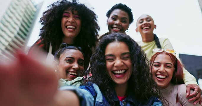 Friends, women and happiness in selfie outdoor, young influencer group and memory for social media post. Smile in picture, content creation and live streaming with laughter, photography and diversity