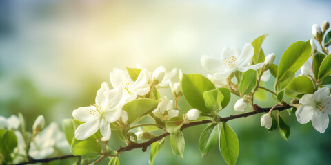 White Flowers of Jasmine. The branch delicate spring flowers in spring garden