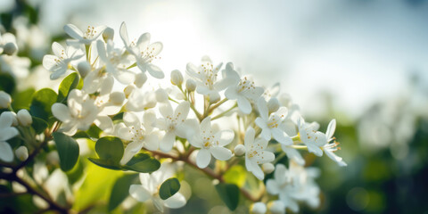 White Flowers of Jasmine in Spring Garden on a background of blue sky
