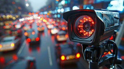 Speed camera monitoring busy traffic road. The cameras speed control on the road. Generative AI.