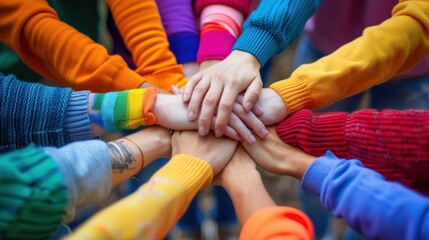 Group of people's hands stacked together in circle on top of each other. Generative AI.