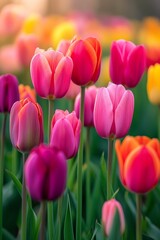 Obraz premium Vibrant Tulips in Soft Evening Light Vertical A vertical composition highlighting a vibrant assortment of pink and red tulips bathed in the soft, diffused light of the evening. 
