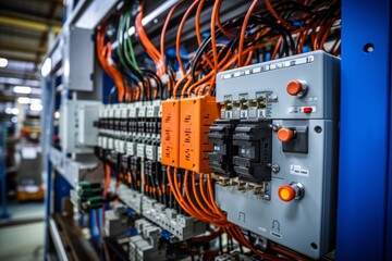 Detailed image of an industrial relay amidst the intricate machinery and wiring in a busy factory environment