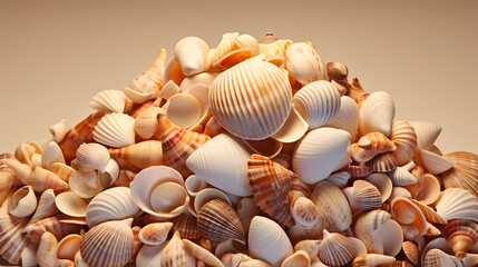 Warm sunset lights up beautiful seashells on the beach