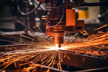 Detailed View of a Plasma Cutter at Work in a Busy Industrial Workshop