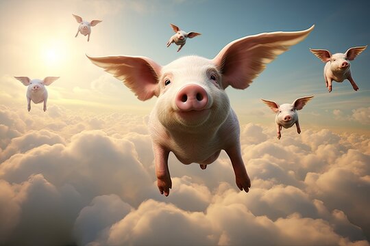 when pigs fly, flying piggies, pigs flying in clouds, pigs in the sky, pig,  Generative AI 