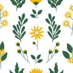 Yellow flowers seamless pattern. Hand drawn isolated wildflowers and branches arranged on white background. Floral allover illustration