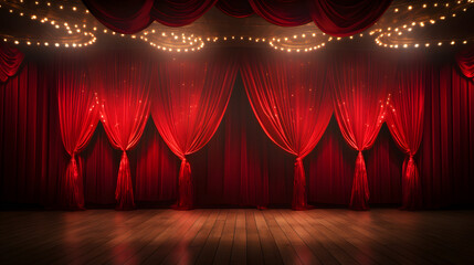 A stage set with a red curtain and illuminated by lights, creating a vibrant and theatrical atmosphere.