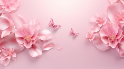 Fototapeta na wymiar Butterfly And Flower Pink Cherry Blossoms in Spring Background. World Breast Cancer awareness month concepts. Generative Ai.
