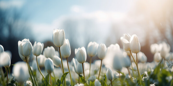 White tulip flowers blooming in the field. Spring Flowers. Beautiful Floral background for Easter holiday, Women's day, 8 march, Birthday, Mother's day	