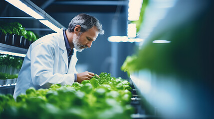 A male scientist in a white uniform conducting research on organic vegetables in an indoor vertical farm, with copyspace available for text or additional information.
