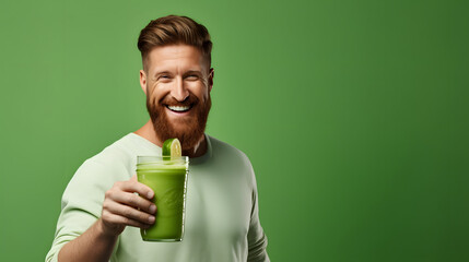 A man holding a green smoothie, promoting detox and health, with copyspace available for text or additional information.