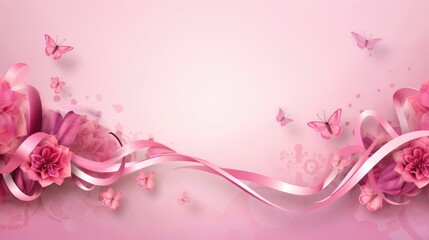 Butterfly And Flower with Ribbon Pink Cherry Blossoms in Spring Background. World Breast Cancer awareness month concepts. Generative Ai.