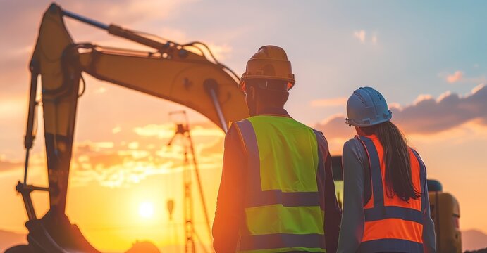 Two construction professionals talk in front of construction equipment as excavators prepare to lay foundations. Hot sunny day