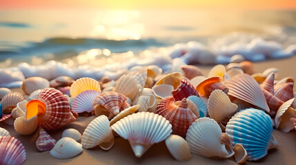 Fototapeta na wymiar The summer theme is a variety of colorful seashells