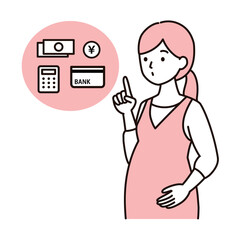 シンプルタッチ　お金や貯蓄について考える妊婦さんのイラスト