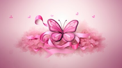 Butterfly And Flower with Ribbon Pink Cherry Blossoms in Spring Background. World Breast Cancer awareness month concepts. Generative Ai.