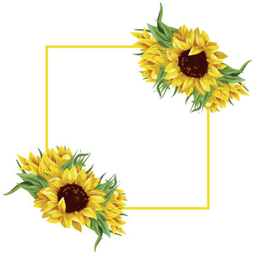 festive, conceptual poster with a square frame in the middle with open sunflower buds on either side of the frame, for cards, invitations or banners