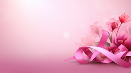 Flower and Ribbon Pink Cherry Blossoms in Spring Background. World Breast Cancer awareness month concepts. Generative Ai