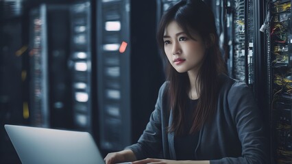 Beutiful asian woman IT support engineer working in a dark server room
