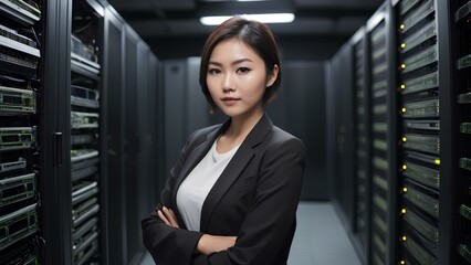 Beutiful asian woman IT support engineer working in a dark server room