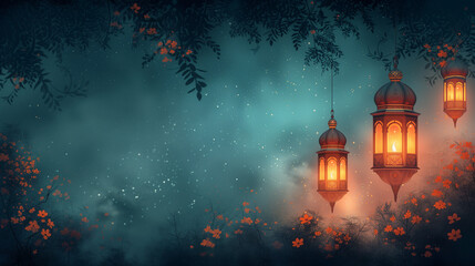 background of hanging islamic lantern at night. Free space for text. Orange and dark blue color