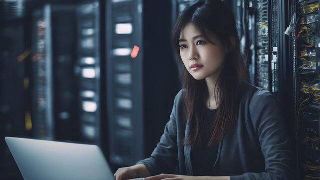 Beutiful asian woman IT support engineer working in a dark server room