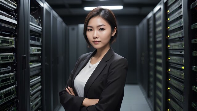 Beutiful asian woman IT support engineer working in a dark server room