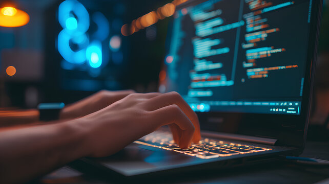 Close-Up of Coding on Laptop Screen at Night. Hands typing on a laptop keyboard with a close-up of code on the screen, illuminated by the soft glow of the display.
