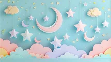 Paper Cut Out Art of Pastel Colored Night Sky with Cute Moon and Stars