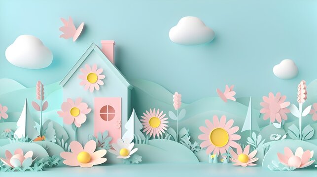 Paper Art of a House in a Summer Landscape with Flowers