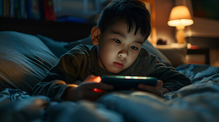 A boy in the middle of the night is playing games on his smartphone in bed