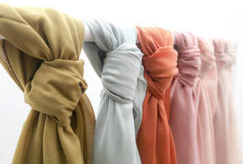 Muslim women wearing pashmina hijab, showing details of the hijab worn.