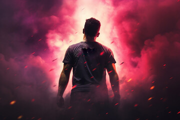 Strong man surrounded by red pink smoke and falling debris back view