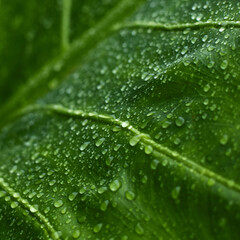 Natural skin hydration and moistunazing. A close-up of a fresh green leaf with droplets of water...