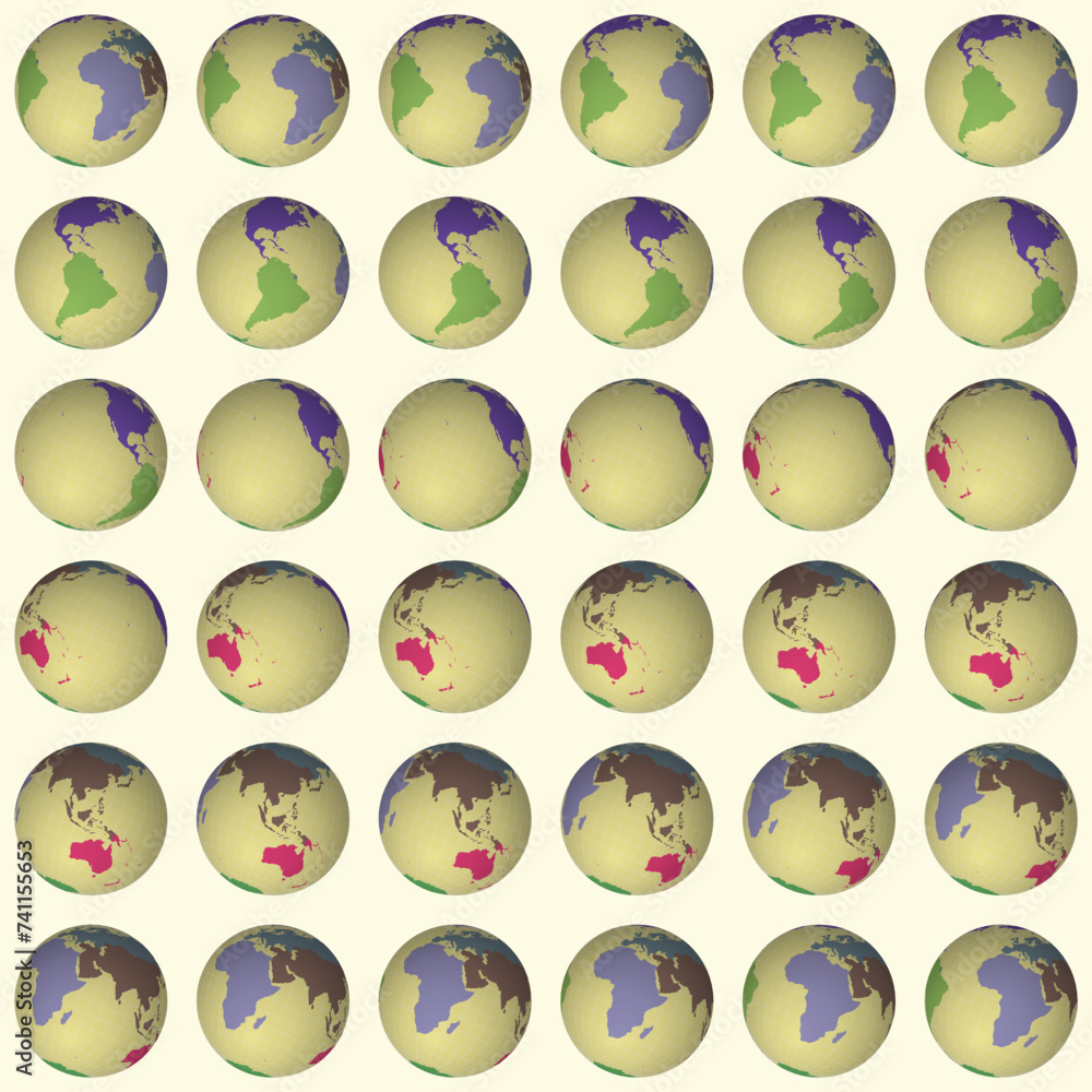 Poster collection of globes. tilted sphere view. rotation step 10 degrees. colored continents style. world 