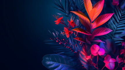 leaves in neon colors on a dark background with copy space