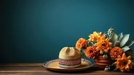 Fototapete Cinco de Mayo background with hat ornaments and cactus plants for banners or posters © GradPlanet
