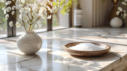 Tranquil Home Spa Concept with White Blooms in Vase and Himalayan Salt in Rustic Bowl, Serene Wellness and Self-Care Setting