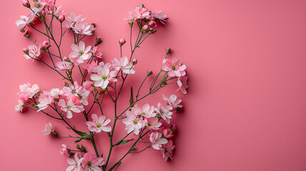 Charming Pink Blossoms on Vibrant Pink Background, Floral Flat Lay, Creative Concept for Spring and Celebration Themes