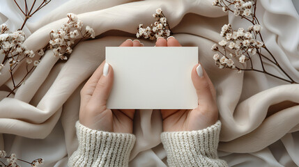 Elegant Hands Holding Blank Card with Dried Flowers, Invitation Mockup Concept, Soft Fabric Background, Delicate Feminine Touch