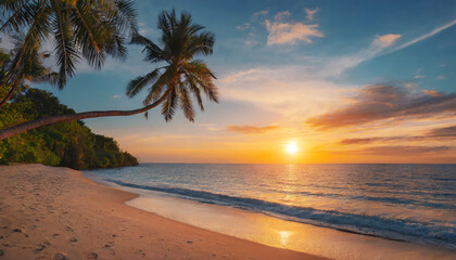 Fototapeta na wymiar Tropical summer sand beach and palm on sea sky background, copy space. Summer vacation 