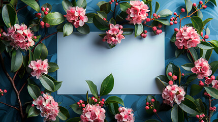 Lavish Floral Frame with Pink Blooms and Green Leaves on Blue Background, Elegant Card Design Concept, Space for Text