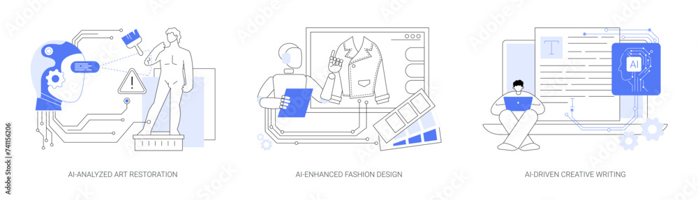 Poster art and creativity with ai tools abstract concept vector illustrations.