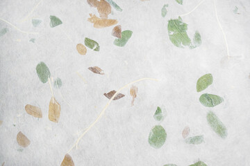 Handmade paper with pressed leaves and flower petals. Textured paper with natural fiber layers.               