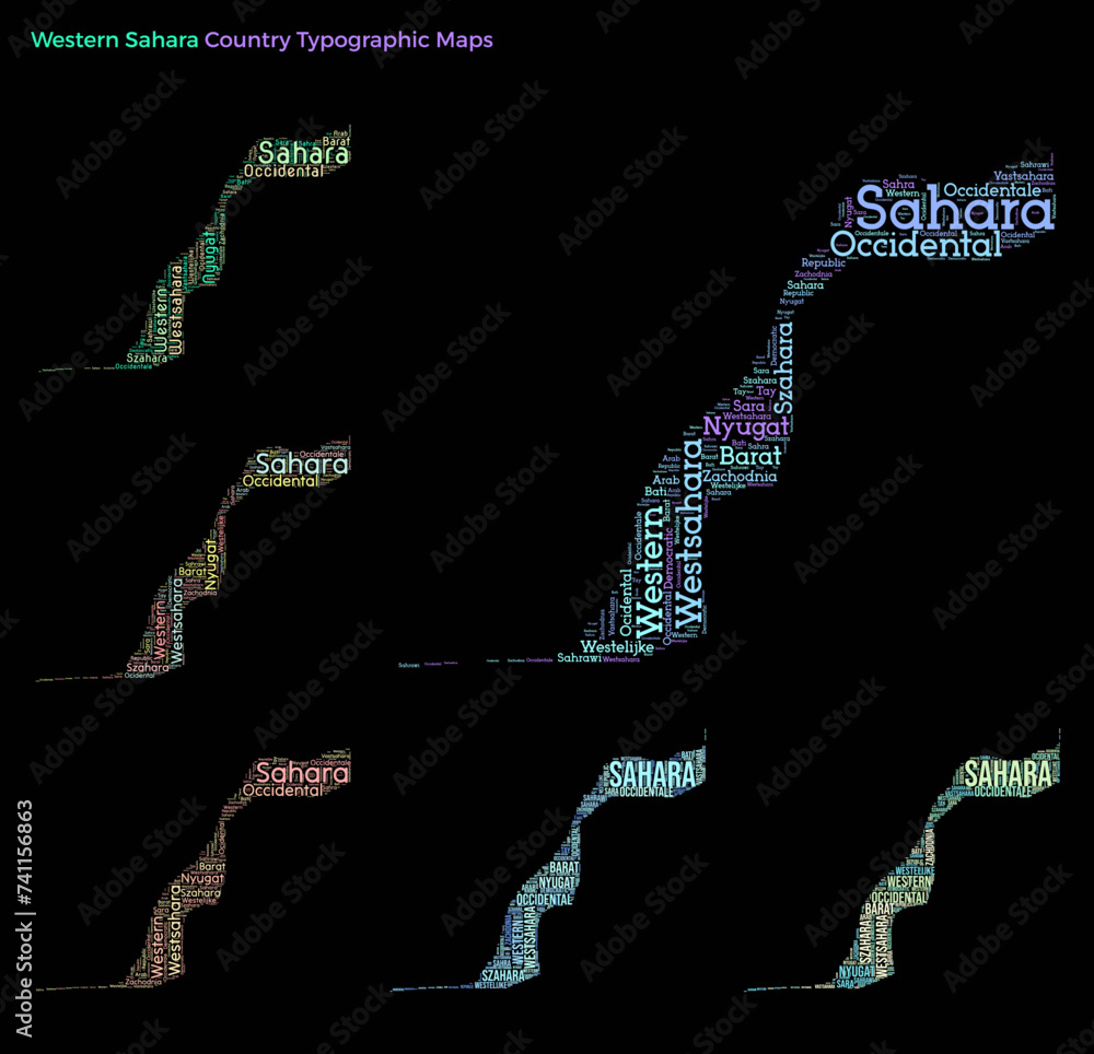 Poster set of typography style country illustrations. western sahara map shape build of horizontal and vert