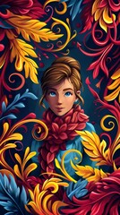 Illustration of a Woman Surrounded by Stylized Floral Patterns